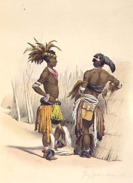 Umbambu i Umpengulu, młody Zulus w stroju tańczącym, płyta 15 z „The Kafirs Illustrated” autorstwa George French (after) Angas