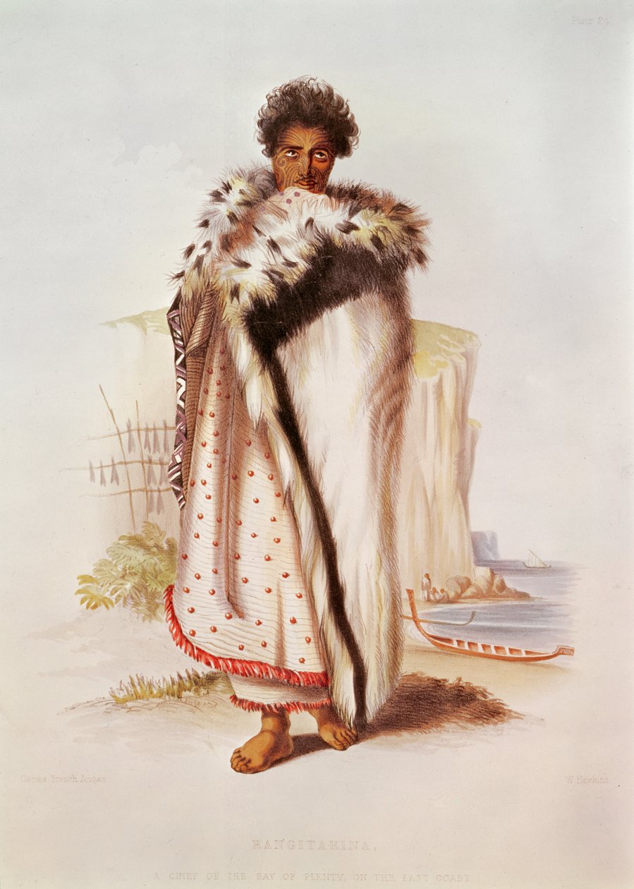 Rangitakina, wódz Zatoki Obfitości na wschodnim wybrzeżu, ilustracja z Nowej Zelandii Ilustrowana, grawerowana przez W. Hawkinsa, c.1845 autorstwa George French Angas