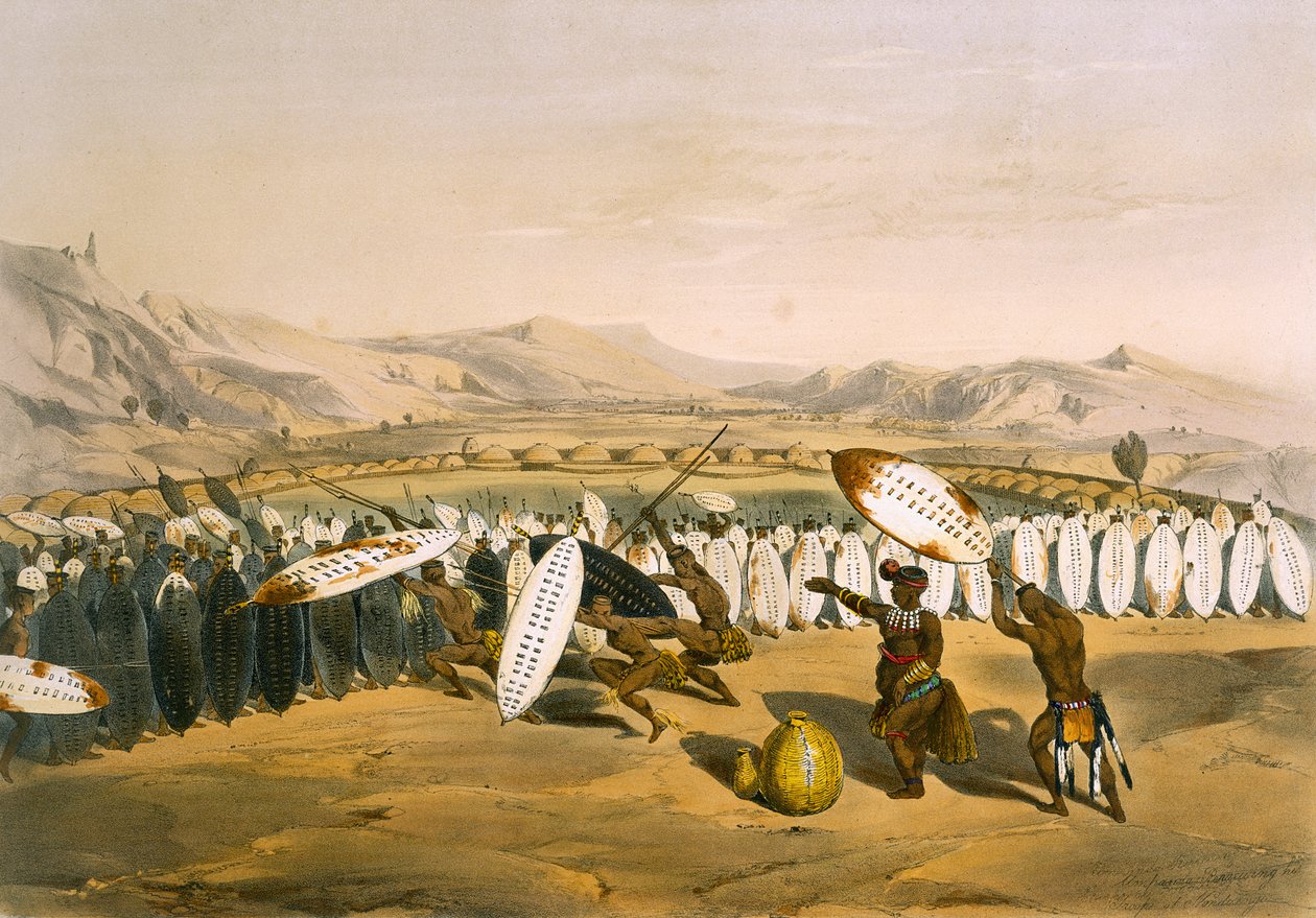 Umpanda Przegląd swoich oddziałów w Nonduengi, płyta 12 z „The Kafirs Illustrated”, 1849 autorstwa George French Angas