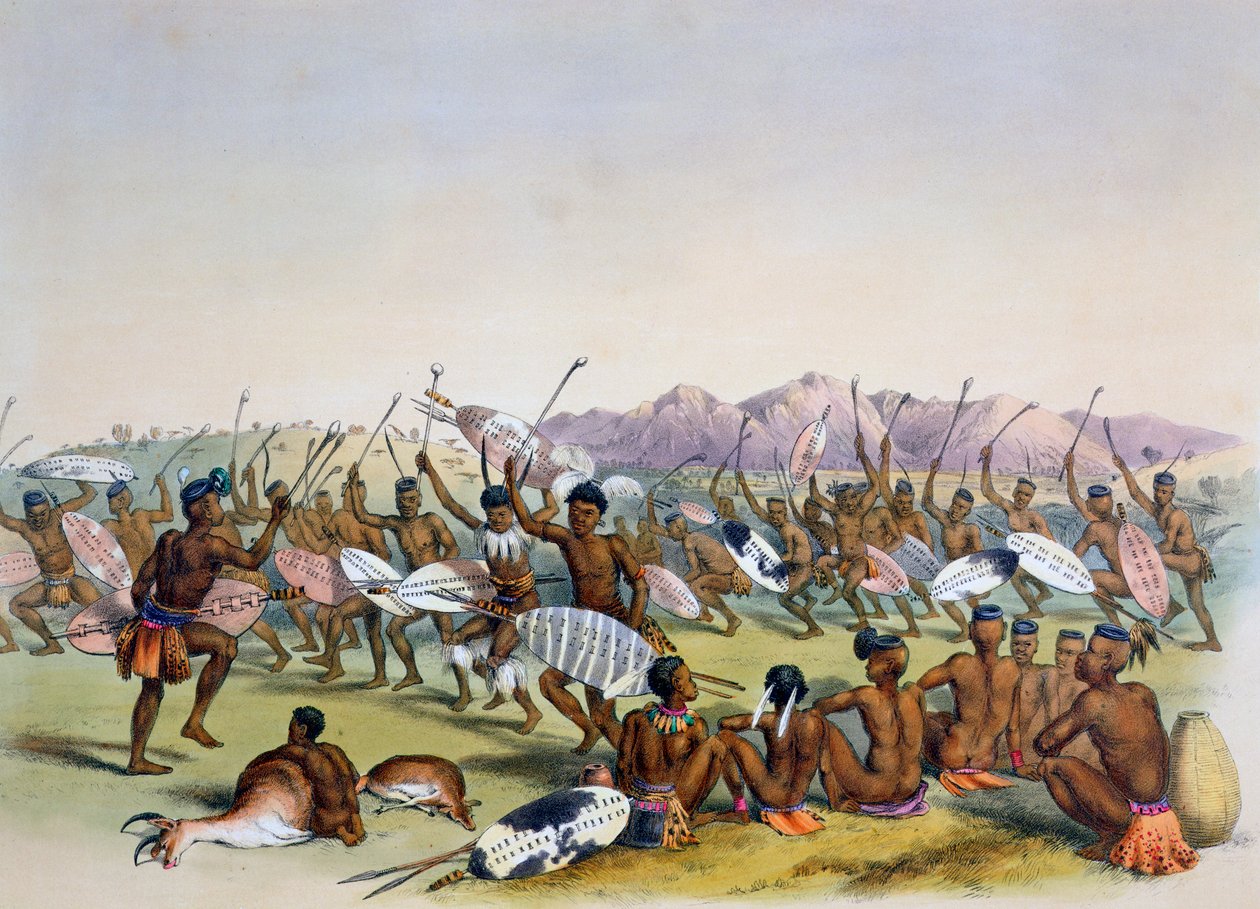 „Taniec myśliwski Zulusów w pobliżu gór Engooi”, 1849 autorstwa George French Angas