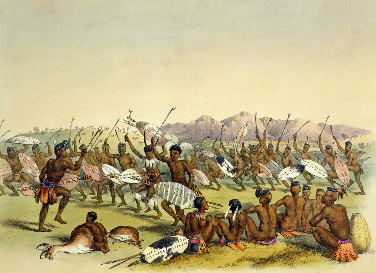 Taniec myśliwski Zulusów w pobliżu gór Engooi, tablica 14 z „The Kafirs Illustrated”, 1849 autorstwa George French Angas