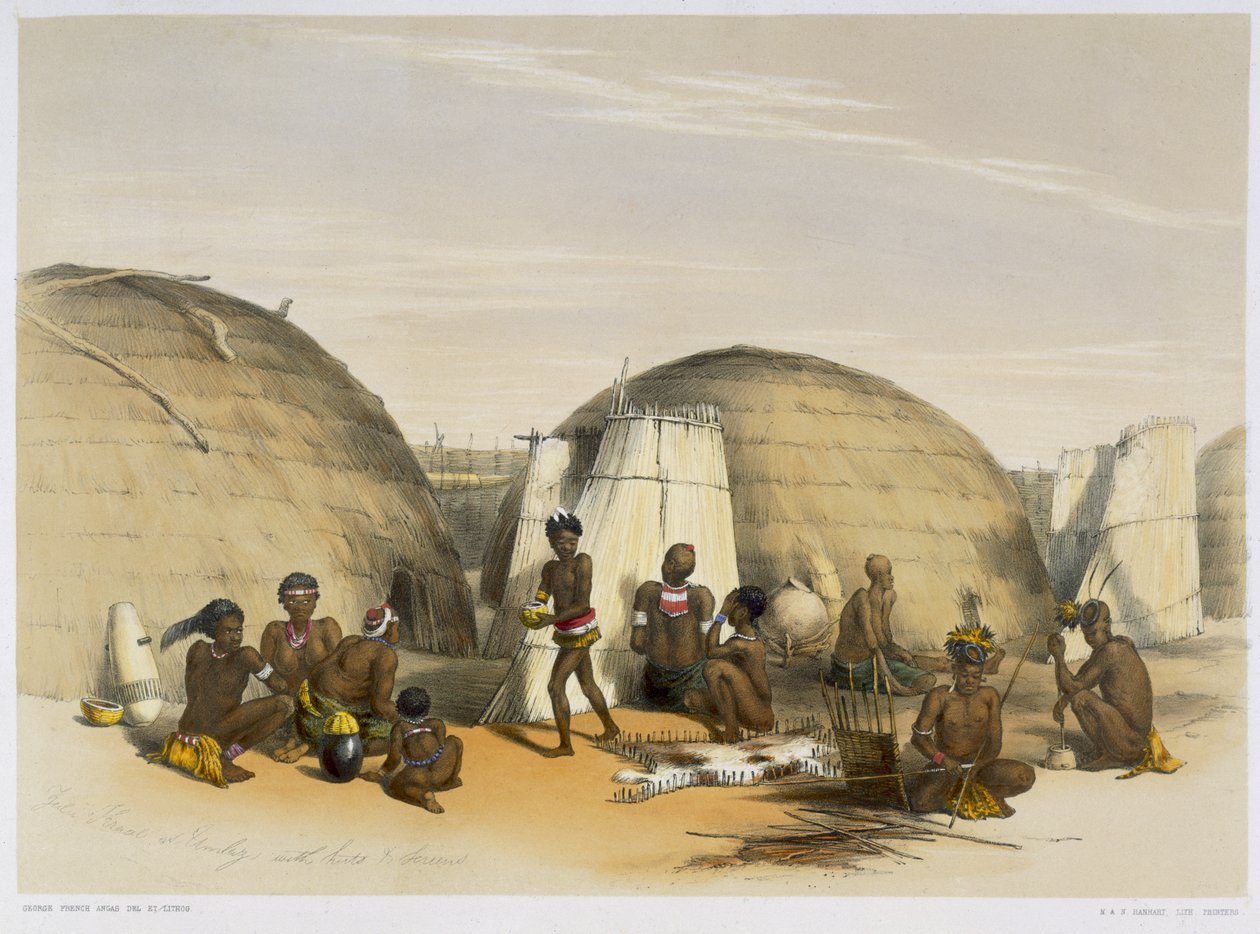 Zulu Kraal w Umlazi z chatami i parawanami, płyta 21 z „The Kafirs Illustrated”, 1849 autorstwa George French Angas