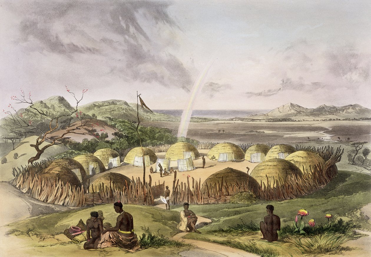 Zulu Kraal koło Umlazi, Natal, tablica 27 z „Ilustrowanych Kafirów”, 1849 autorstwa George French Angas
