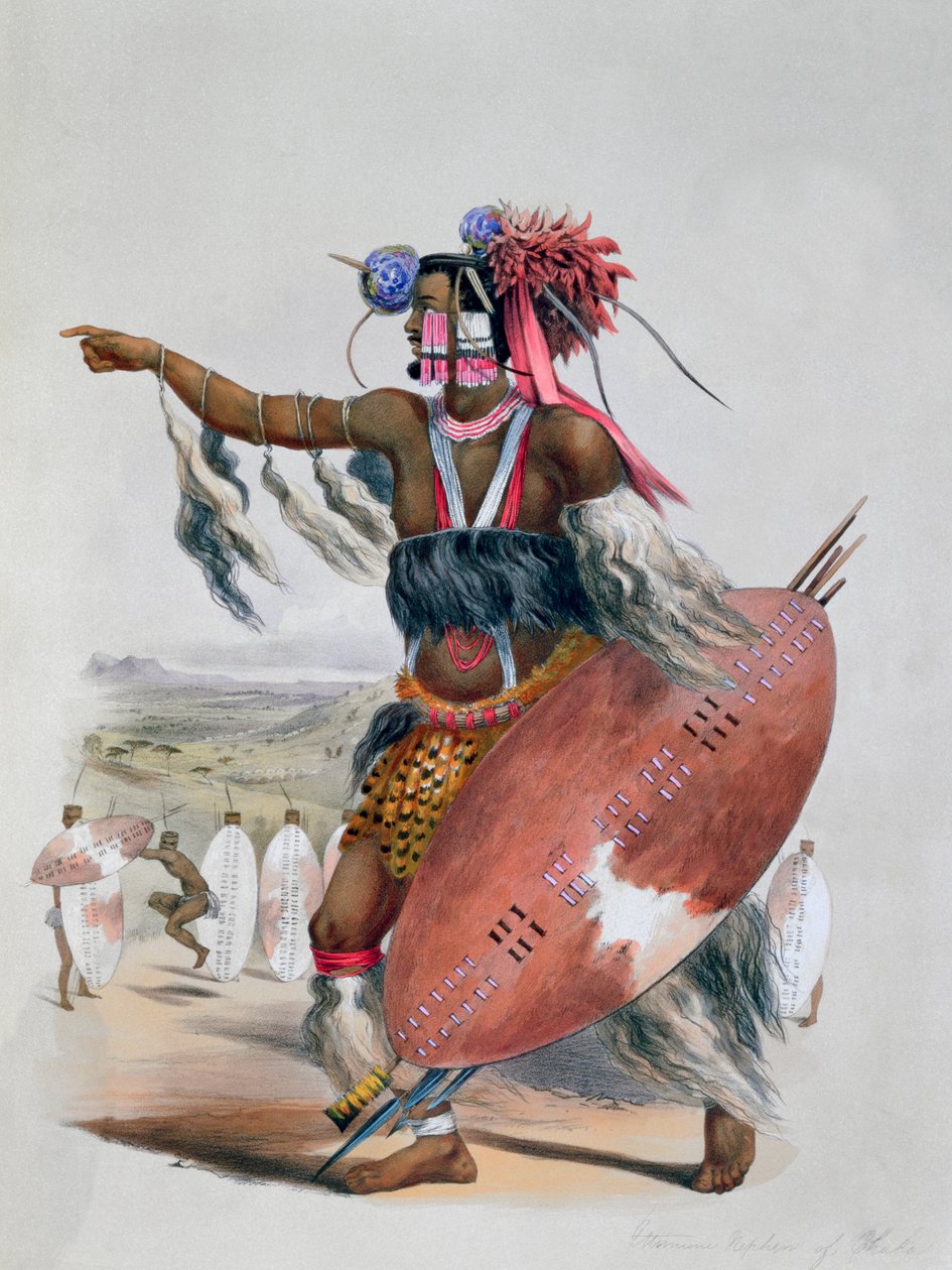 „Wojownik Zulusów, Utimuni, bratanek Chaki, zmarłego króla Zulusów”, 1849 autorstwa George French Angas