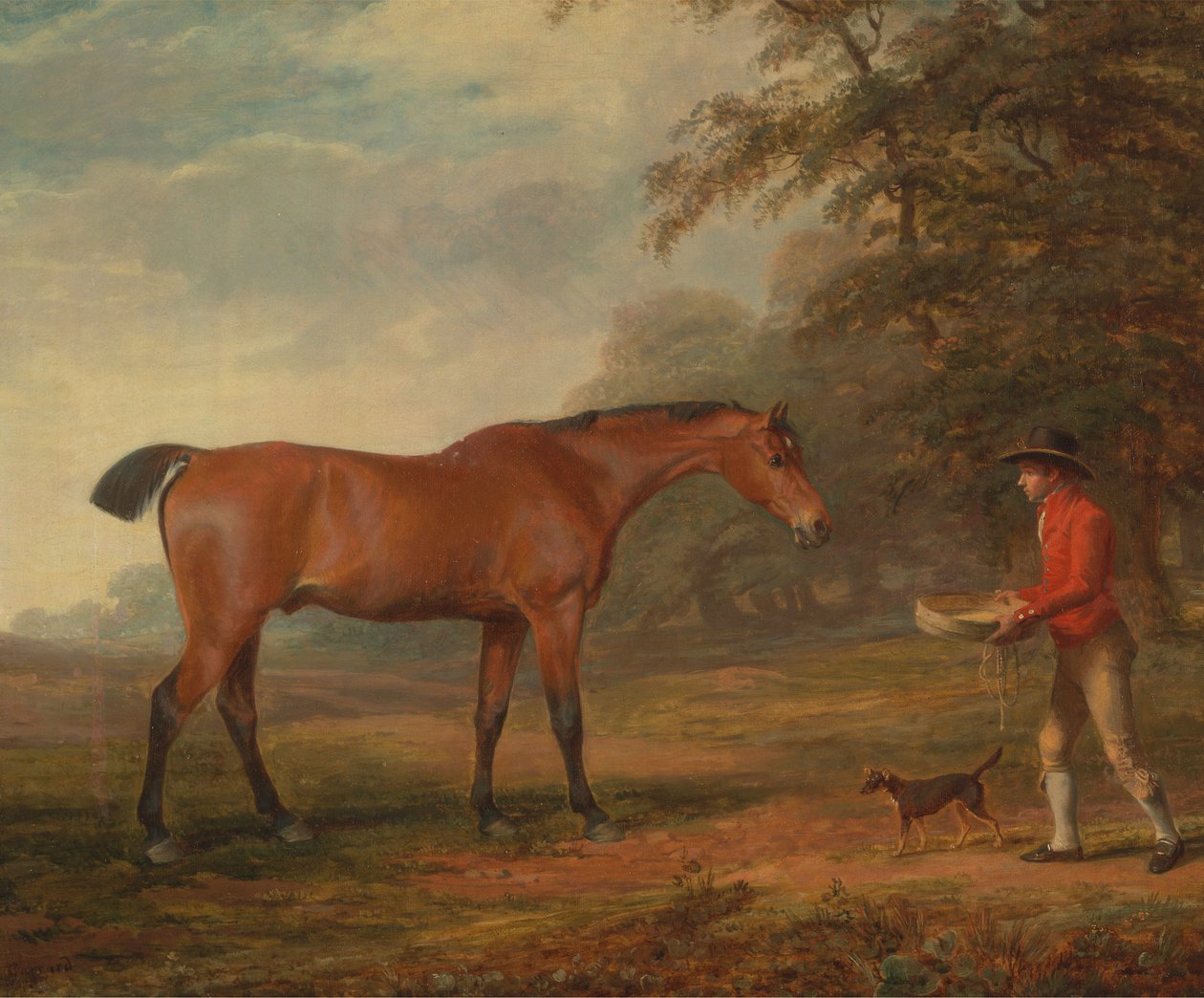 Bay Horse podchodzi do stajennego z jedzeniem i kantarem autorstwa George Garrard
