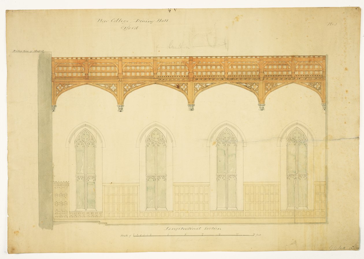 New College Oxford: projekt dachu New Hall, 1865 (pranie piórem i tuszem na papierze) autorstwa George Gilbert Scott