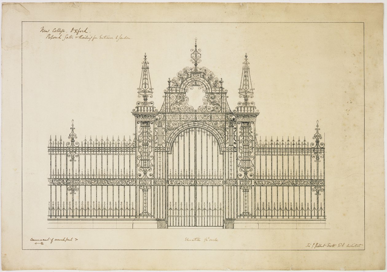 New College Oxford: Proponowane bramy i balustrady wejścia do ogrodu autorstwa George Gilbert Scott