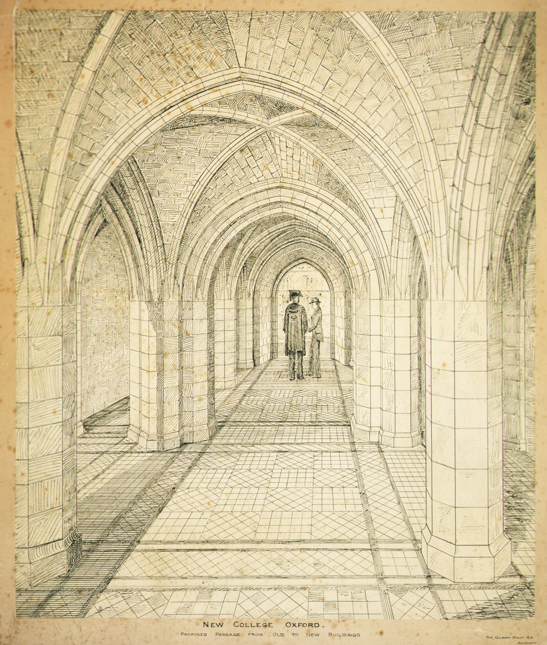 New College Oxford: Proponowane przejście ze starych do nowych budynków autorstwa George Gilbert Scott