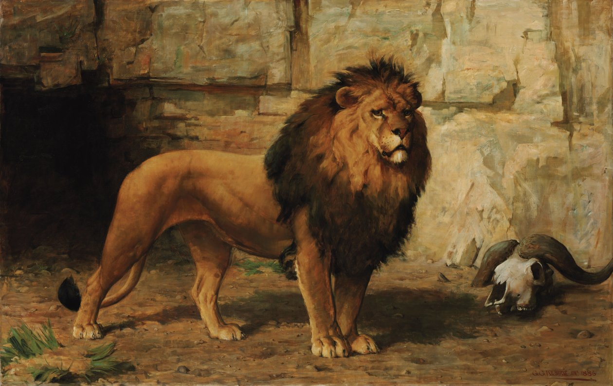 Lew strzegący swojego Den autorstwa George Goodwin Jnr Kilburne