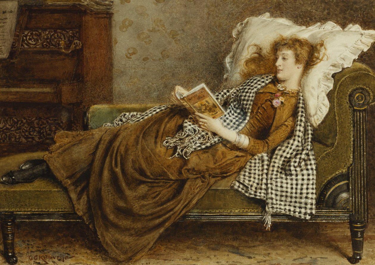 Młoda dama czytająca we wnętrzu, autorstwa George Goodwin Kilburne