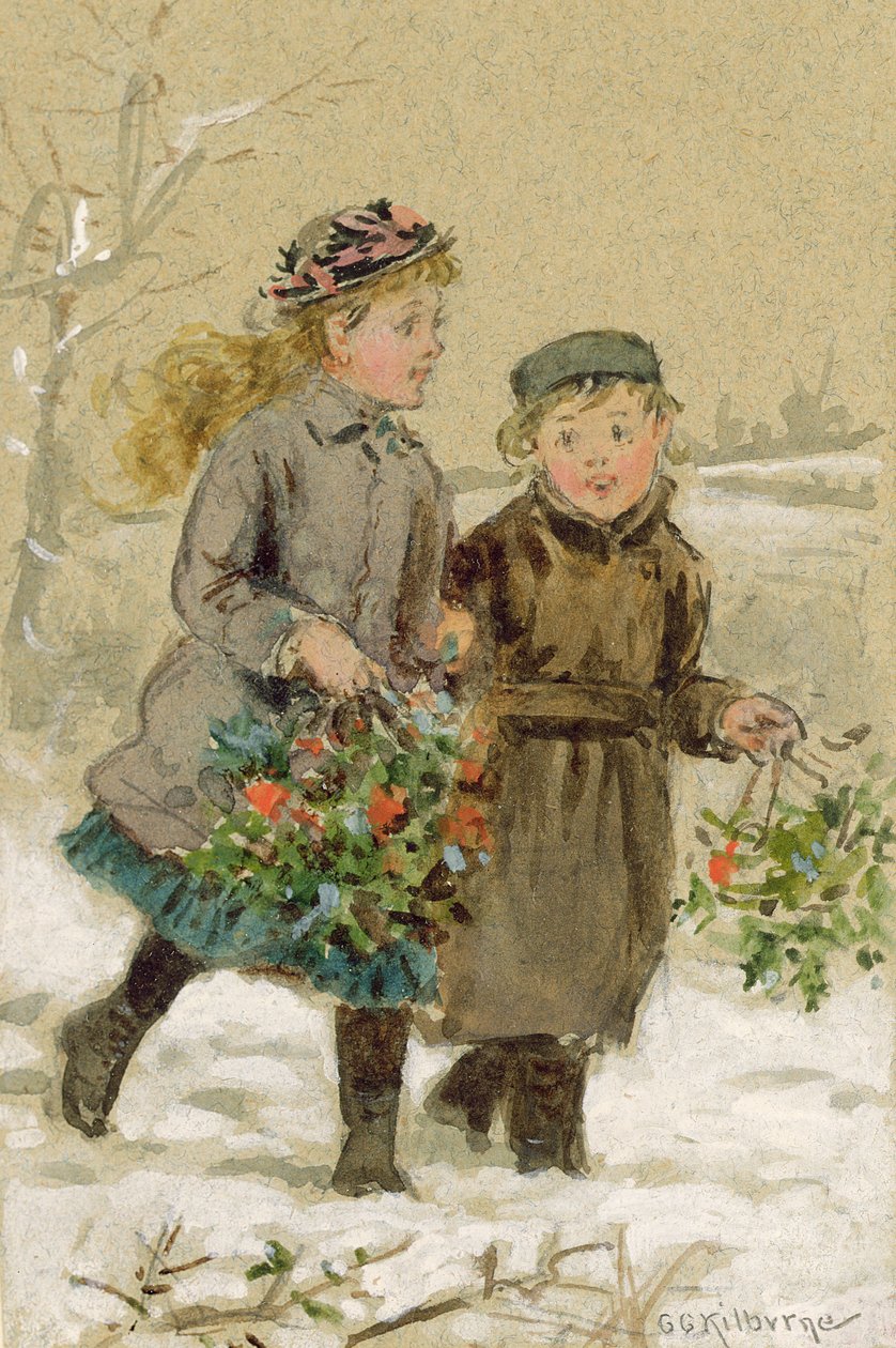 Dzieci bawiące się na śniegu - Zbieranie ostrokrzewu (wc podkreślone białym na papierze) (zobacz 224240 dla pary) autorstwa George Goodwin Kilburne