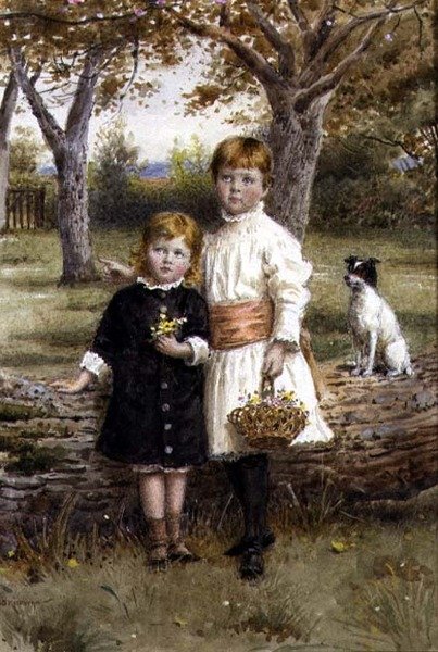 Dwie siostry z koszem kwiatów autorstwa George Goodwin Kilburne