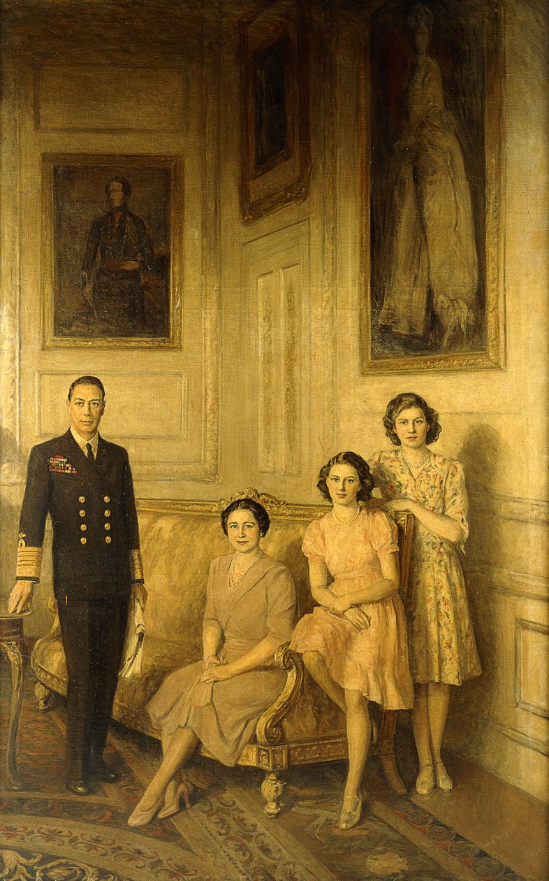 Rodzina królewska: król Jerzy VI, królowa Elżbieta i ich dwie córki, księżniczka Małgorzata i księżniczka Elżbieta autorstwa George Harcourt