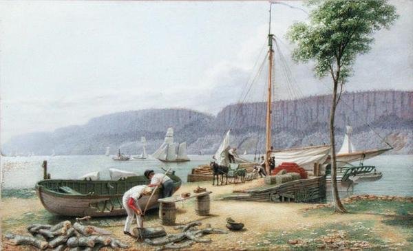 Popołudnie - lądowanie Hastings. Palisade Rocks in Shadow, Nowy Jork, ok.1836 (akwarela, gwasz i grafit na papierze) autorstwa George Harvey