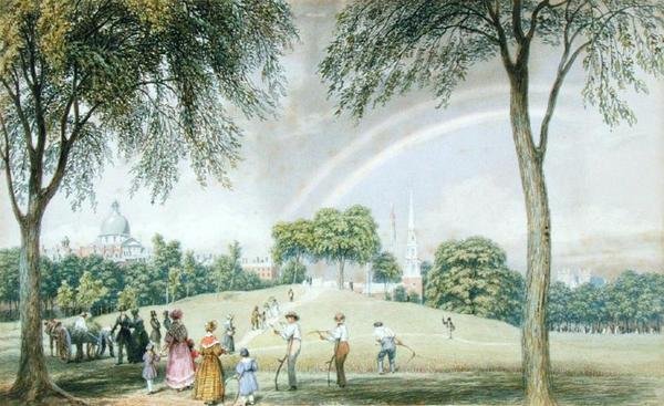 Afternoon Rainbow - Boston Common z Charles Street Mall, Boston, Massachusetts, ok. 1830-40 (akwarela na papierze) autorstwa George Harvey
