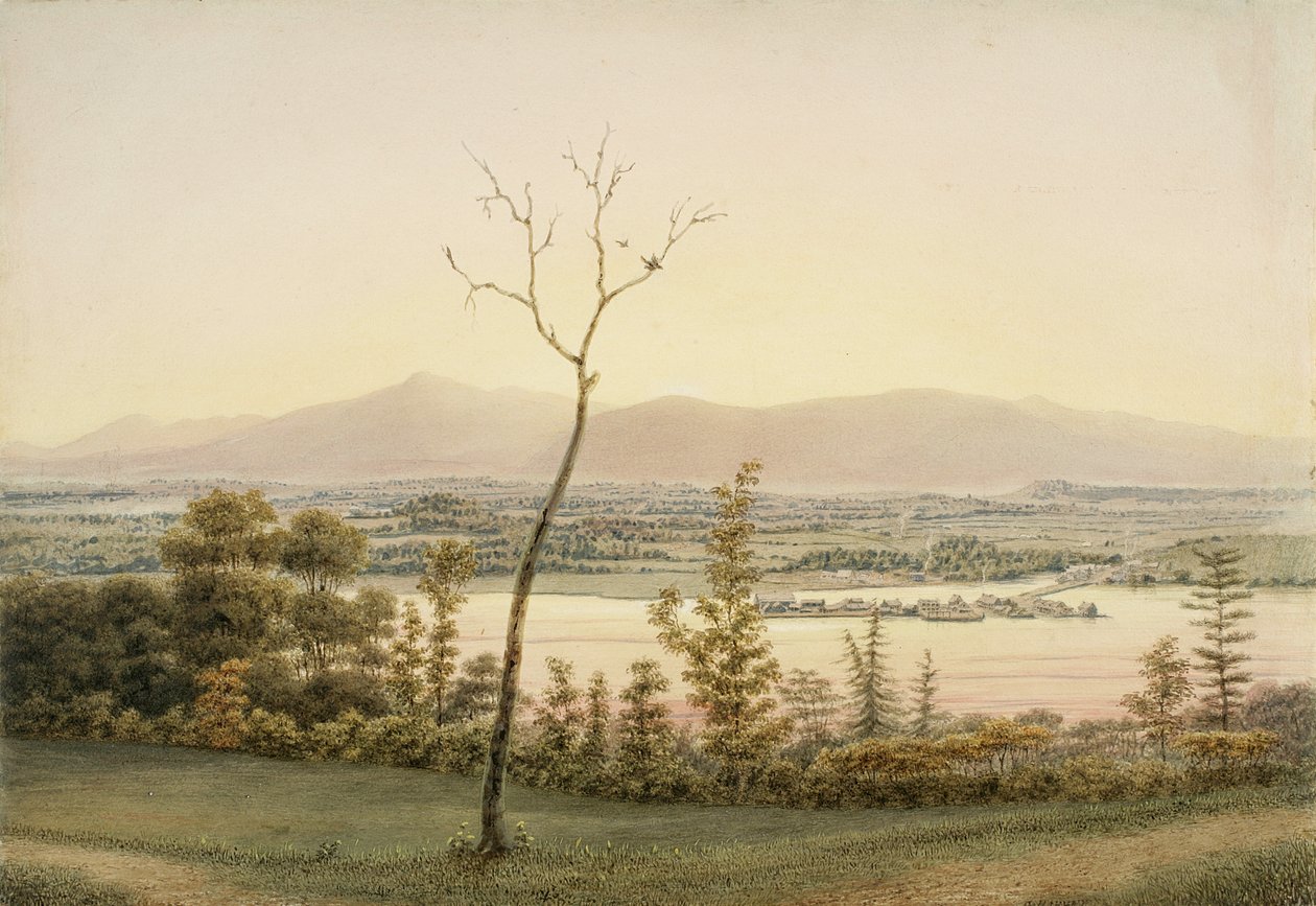 Early Twilight, Kaatskill Catskill Landing and Mountains ze wschodniego brzegu rzeki Hudson, Nowy Jork, 1840 (akwarela, grafit, wybiórcze glazurowanie, gwasz i akcenty drapania na papierze dla autorstwa George Harvey