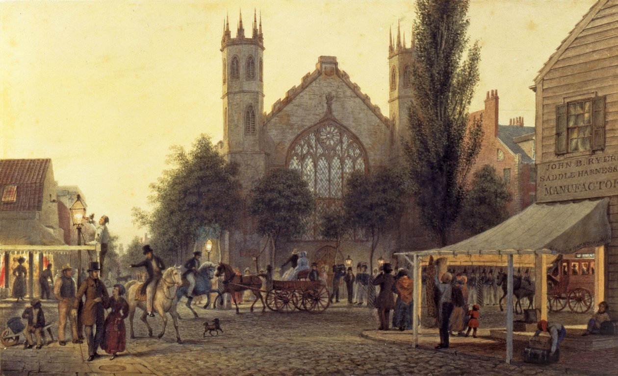 Upadek nocy, kościół św. Tomasza, Nowy Jork, ok. 1835 r. autorstwa George Harvey