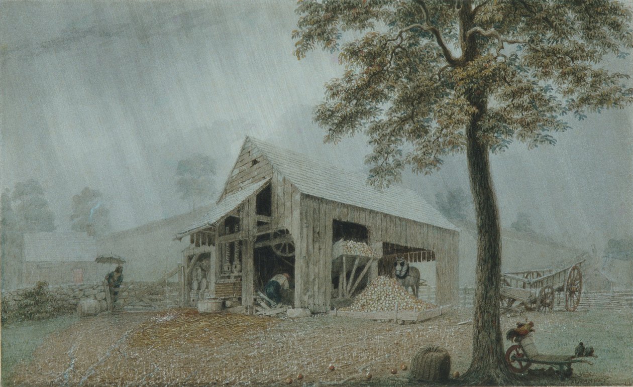 Rainstorm, Cider Mill at Redding, Connecticut, ok. 1840 (akwarela i gwasz na białym papierze tkanym) autorstwa George Harvey