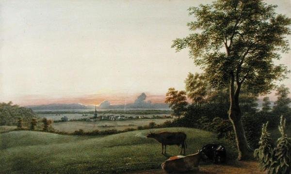 Wschód słońca - Flatbush i Ocean z Cmentarza Greenwood, Long Island, Nowy Jork, ok. 1830-40 (akwarela, gwasz i grafit na papierze) autorstwa George Harvey