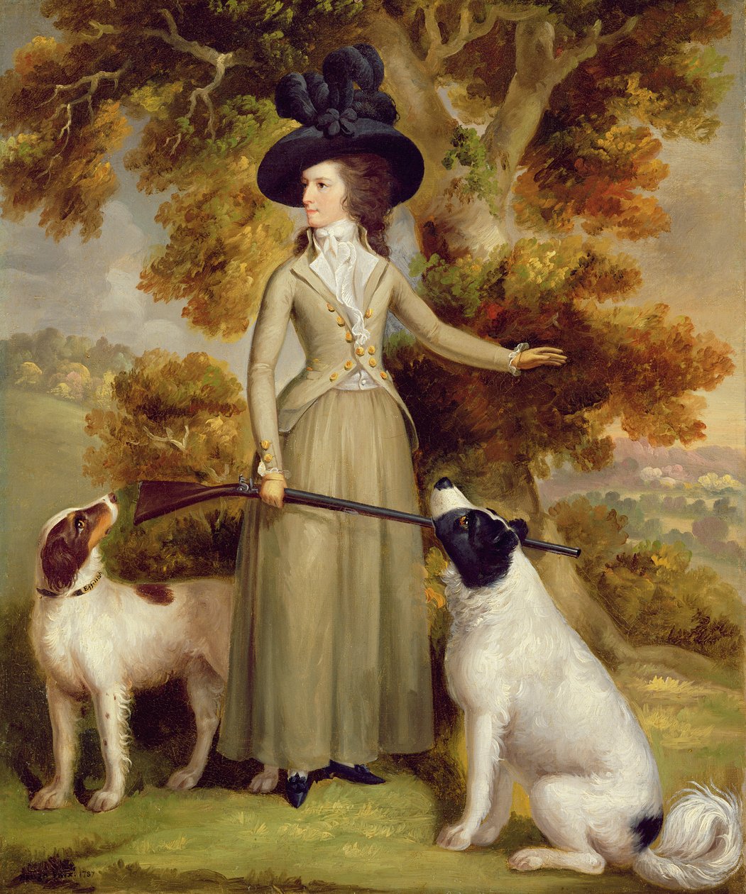 Hrabina Effingham z pistoletem i strzelającymi psami, 1787 autorstwa George Haugh