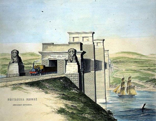 Britannia Bridge, Anglesey Entrance, grawerowane przez artystę, wyd. 1849 (kolor lito) (dla b&w patrz 109679) autorstwa George Hawkins