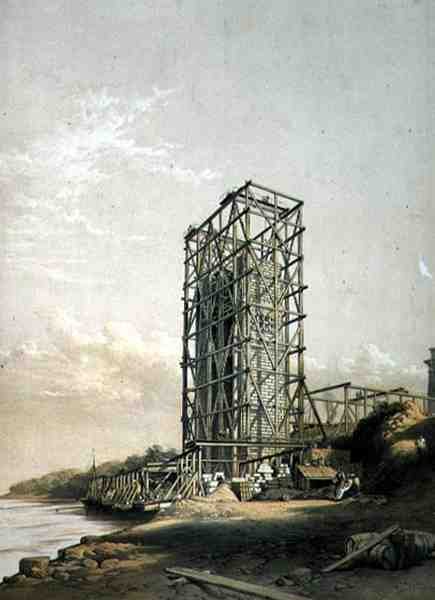 Britannia Bridge, Caernarvon Tower, wrzesień 1848, wyd. w 1849 (lito) autorstwa George Hawkins