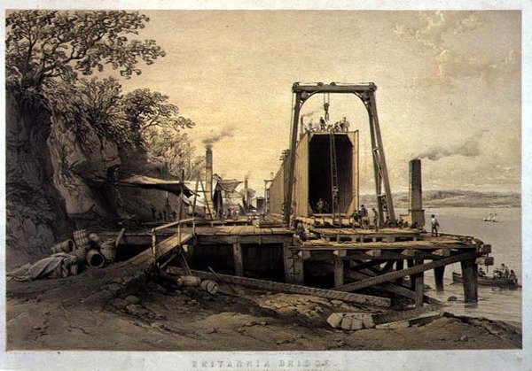 Britannia Bridge, Platforma i konstrukcja rur, wrzesień 1848, rycina artysty, pub. 1849 (litho) autorstwa George Hawkins