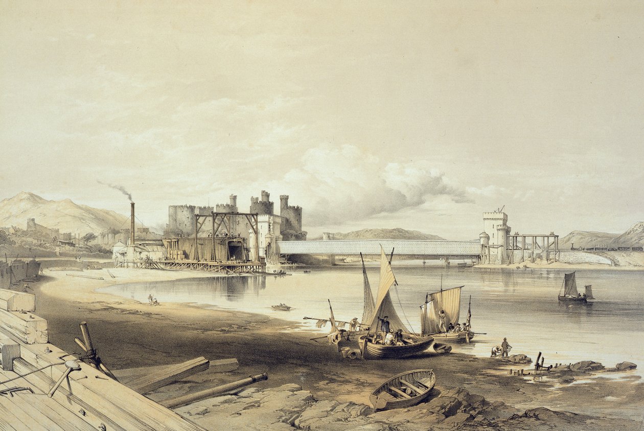 Conway Bridge, Budowa drugiej rury, wrzesień 1848, grawerowane przez artystę autorstwa George Hawkins