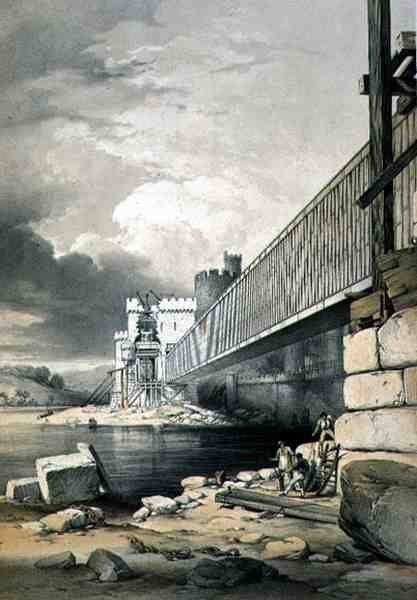 Conway Tubular Bridge, z przygotowaniami do podniesienia drugiej rury, wyd. w 1849 (lito) autorstwa George Hawkins