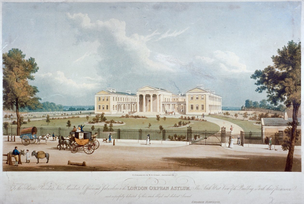Południowo-zachodni widok na londyński azyl dla sierot w Lower Clapton, Hackney, Londyn, ok. 1830 r. autorstwa George Hawkins