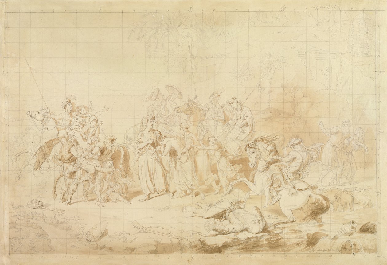 Bandyci z Kurdystanu pomagający Gruzinom w zaskakiwaniu i porywaniu czerkieskich kobiet ok. 1827-28 (pióro i brązowy atrament na tkanym papierze) autorstwa George Hayter