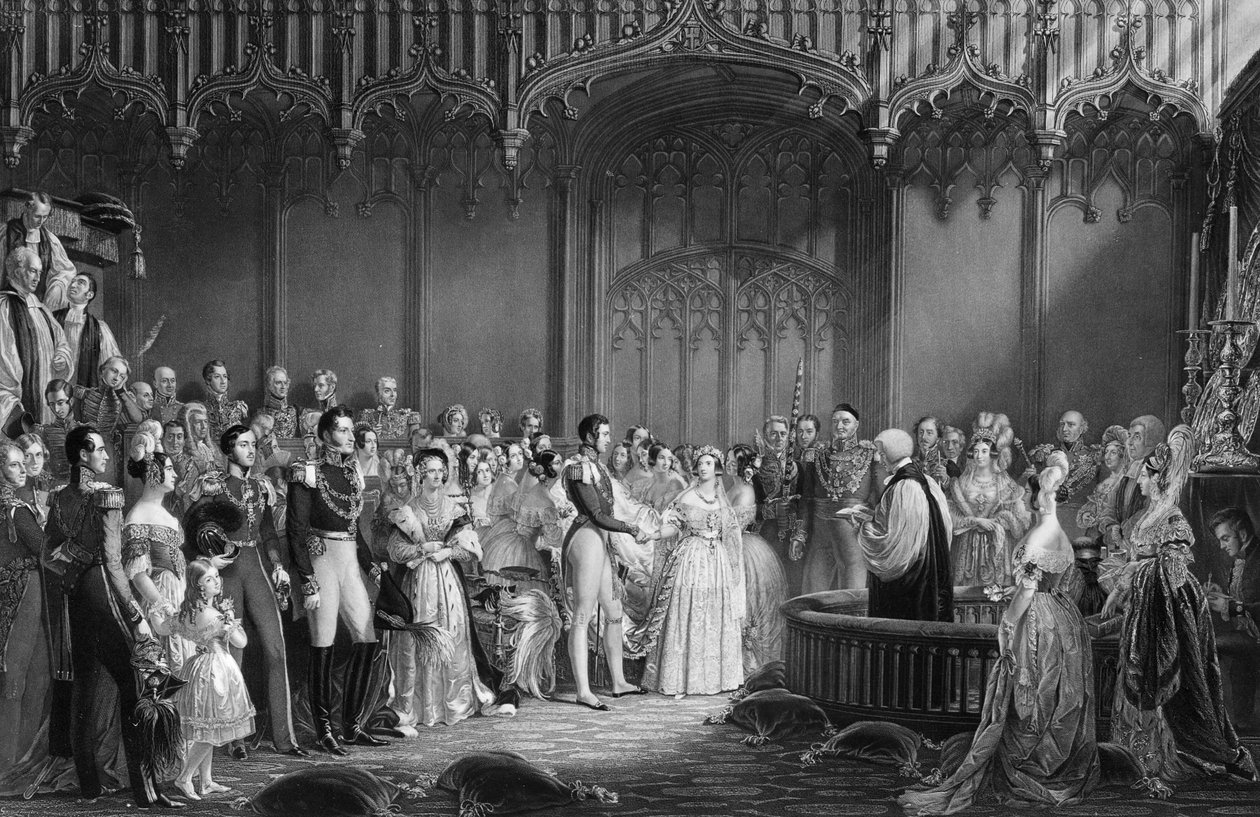Ślub królowej Wiktorii (1819-1901) i księcia Alberta (1819-61) w Pałacu Św. Jakuba w dniu 10 lutego 1840, grawerowane przez Charlesa Edena Wagstaffa, 1840 autorstwa George Hayter