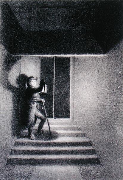 „Glow Worm” przedstawiający stróża w Pasażu Lansdown, Westminster, ok. 1820 (litografia) autorstwa George Hayter