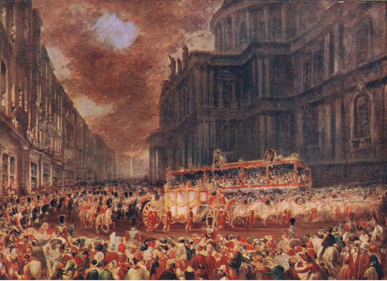Pierwsza wizyta państwowa królowej Wiktorii w Londynie w 1837 r. z książki Cassells History of the British People opublikowanej przez Waverley Book Company Limited, ok. 1940 r. autorstwa George Hayter
