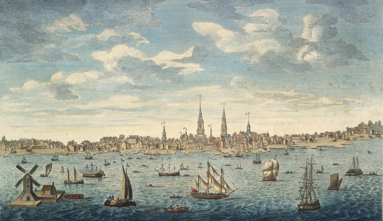 Wschód perspektywiczny widok miasta Filadelfii, w prowincji Pensylwanii, w Ameryce Północnej: zaczerpnięty z Jersey Shore, wyd. Londyn, 1774 (ręcznie kolorowane grawerowanie) autorstwa George Heap
