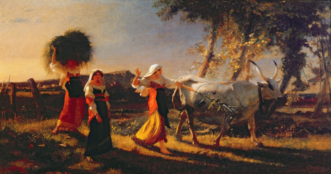 Włoskie wieśniaczki w Kampanii jeżdżące wołem autorstwa George Hemming Mason