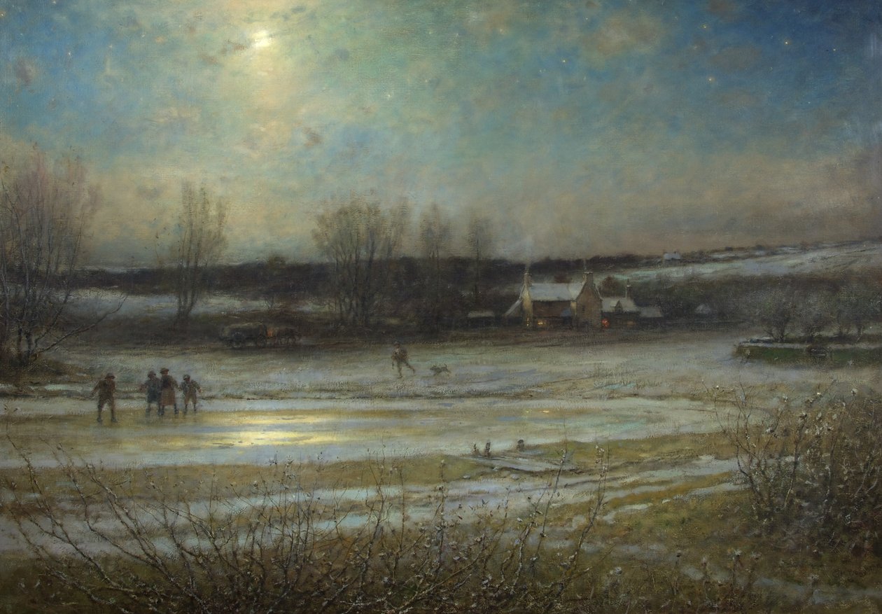 Mroźna noc - mroźny staw młyński, ok. 1904 (olej na płótnie) autorstwa George Henry Boughton