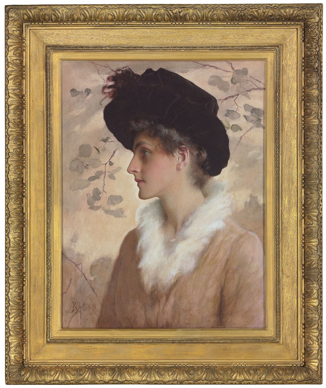 Portret damy, do połowy, w czarnym kapeluszu i futrzanej stule, 1888 autorstwa George Henry Boughton
