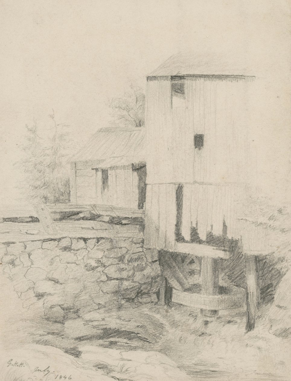 Stary Młyn, 1846 (grafit na papierze płowotkanym) autorstwa George Henry Hall