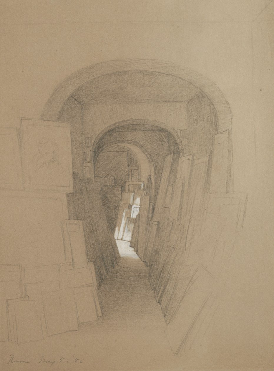 Bez tytułu - Studio artystów, Rzym, 1886 (grafit wzmocniony białym gwaszem na brązowym papierze tkanym) autorstwa George Henry Hall