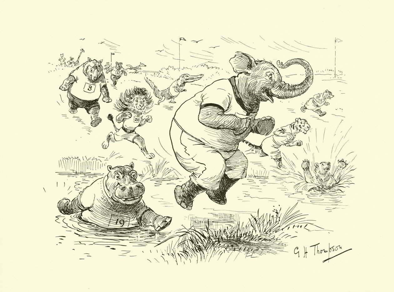Zwierzęta na igrzyskach olimpijskich (litografia) autorstwa George Henry Thompson