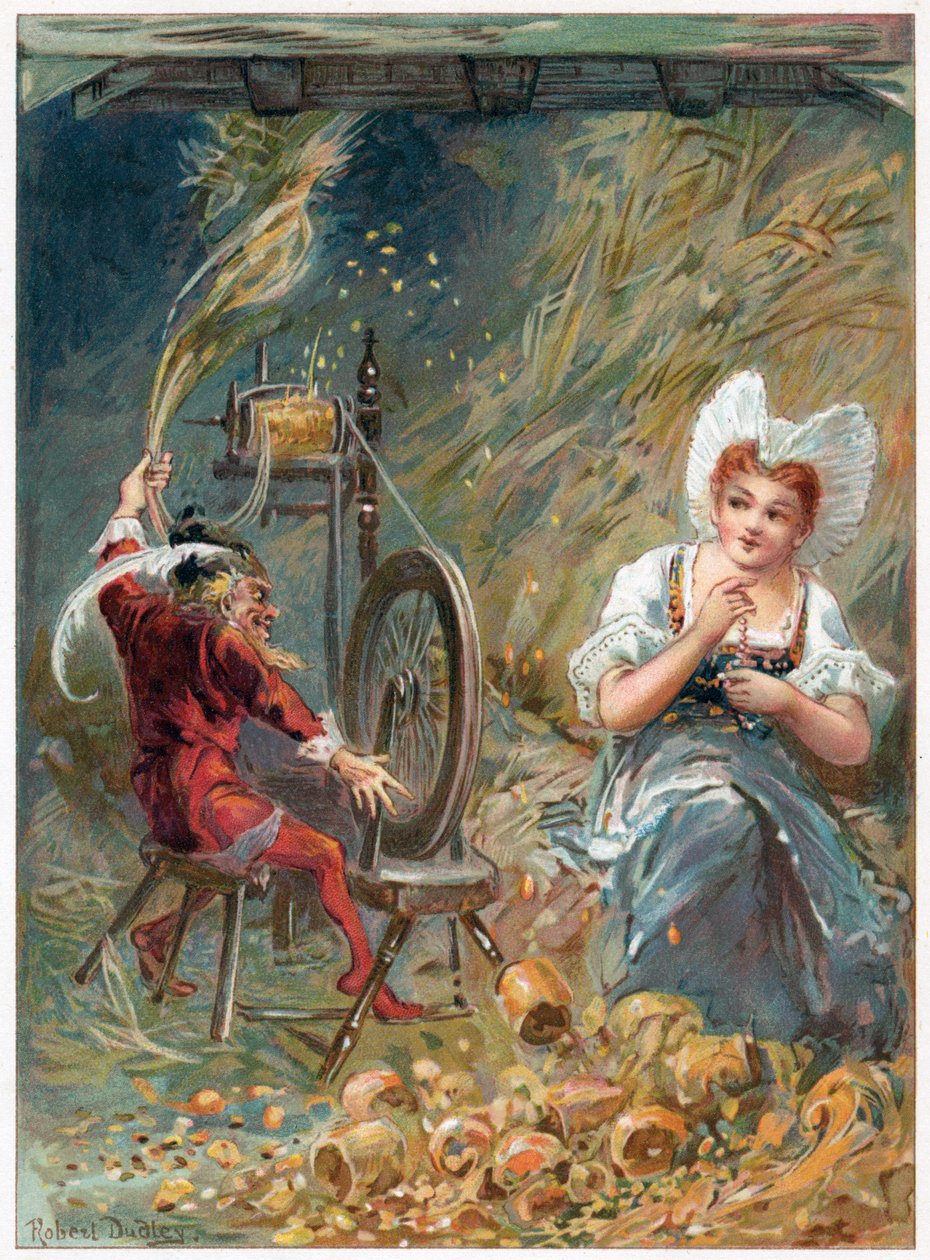 Rumpelstiltskin spinning, ilustracja z książki „Once Upon a Time” wydanej przez Ernesta Mistera, ok. 1900 (kolor lito) autorstwa George Henry Thompson