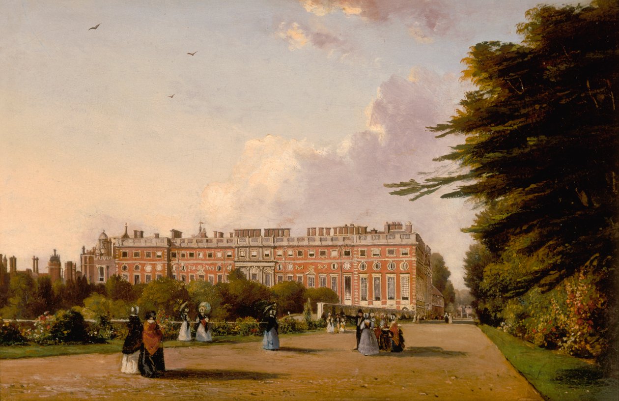 Widok na południowy front pałacu Hampton Court z Broad Walk, ok. 1827-49 (olej na płótnie) autorstwa George Hilditch