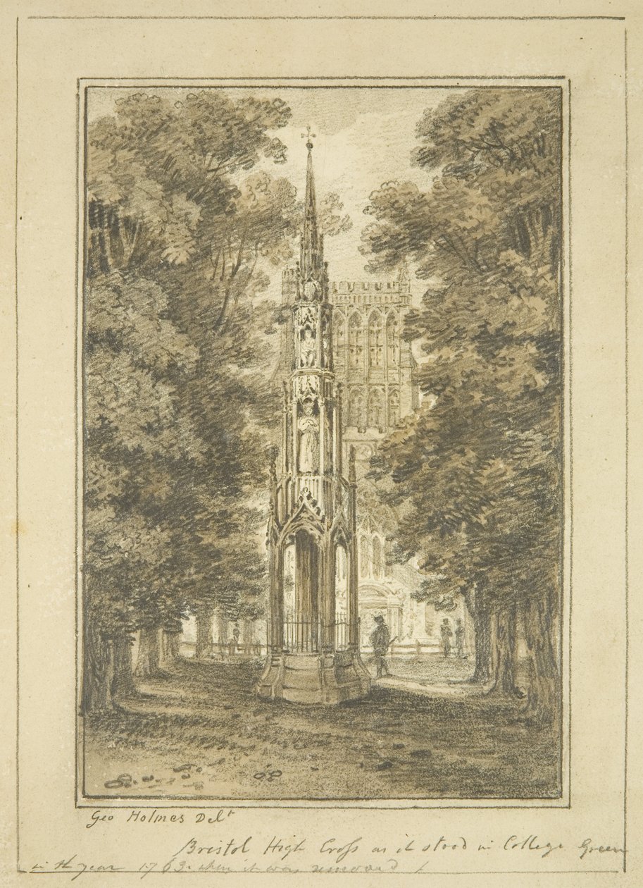 Bristol High Cross w stanie College Green w 1763 roku (ołówek i akwarela na papierze) autorstwa George Holmes