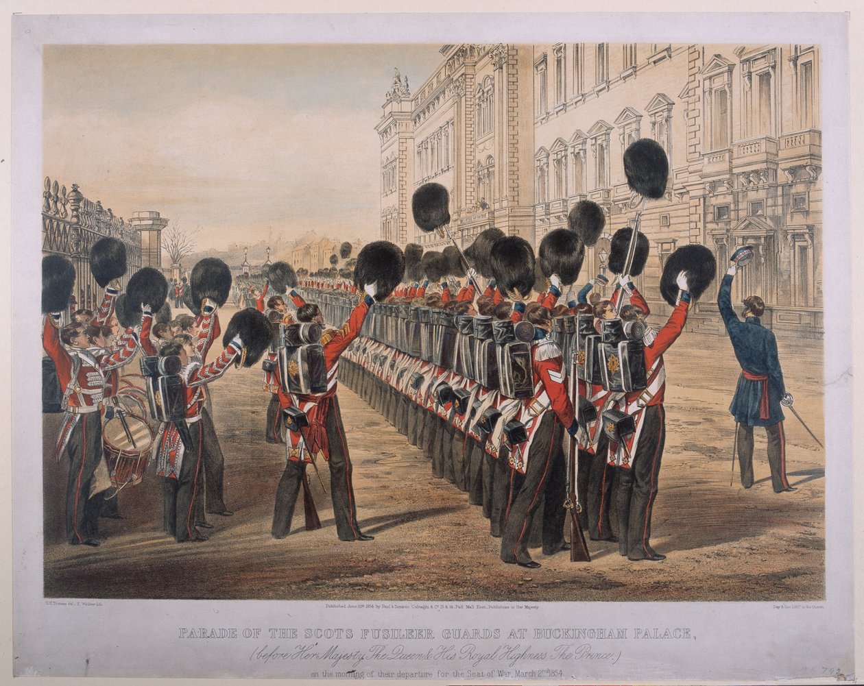 Parada szkockich gwardzistów fizylierów w Pałacu Buckingham rano w dniu ich wyjazdu na Siedzibę Wojny, 2 marca 1854, grawerowane przez E. Walkera, opublikowane przez Colnaghi und Co., 1854 autorstwa George Housman Thomas