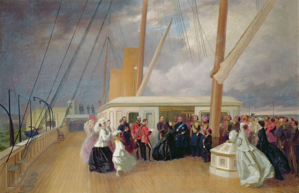 Królowa Wiktoria nadaje sułtanowi Order Podwiązki na pokładzie Jachtu Królewskiego, 17 lipca 1867, 1867 autorstwa George Housman Thomas