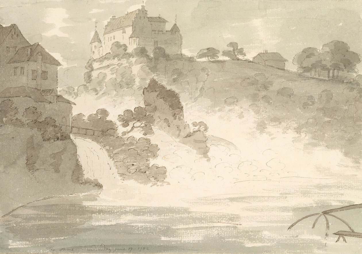 Falls at Schauffhausen, 1782 (wc nad grafitem z piórem i atramentem na papierze) autorstwa George Howland Beaumont