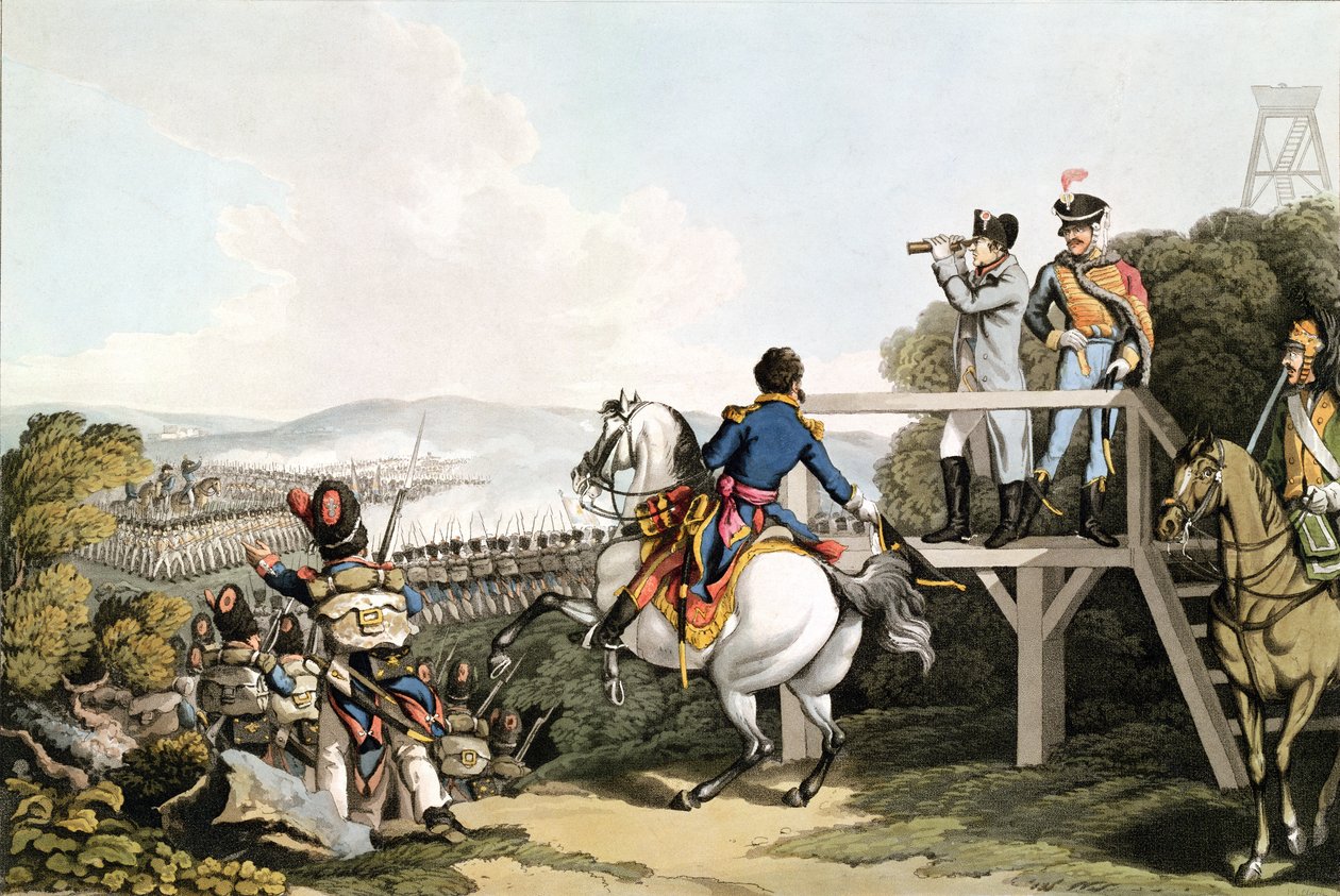 Bonaparte (1769-1821) tuż przed ucieczką, patrząc na atak swojej gwardii cesarskiej, Waterloo, 18 czerwca 1815, rycina autorstwa Matthew Dubourga (1813-20) autorstwa George Hum