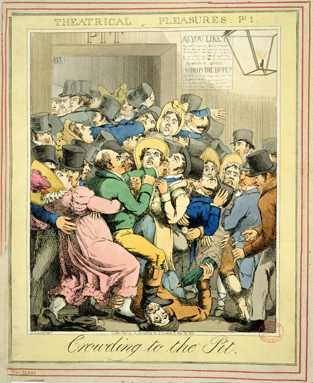 Stłoczenie do dołu od „Przyjemności Teatru” pl. 1, 1821 autorstwa George Humphrey