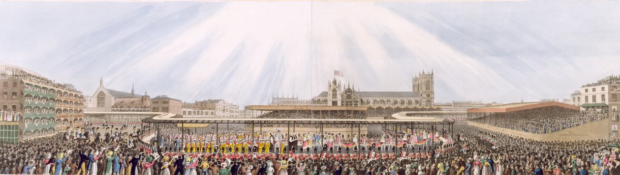 Widok na procesję koronacyjną króla Jerzego IV z Westminster Hall do opactwa, 19 lipca 1821 (akwatinta) autorstwa George Humphrey